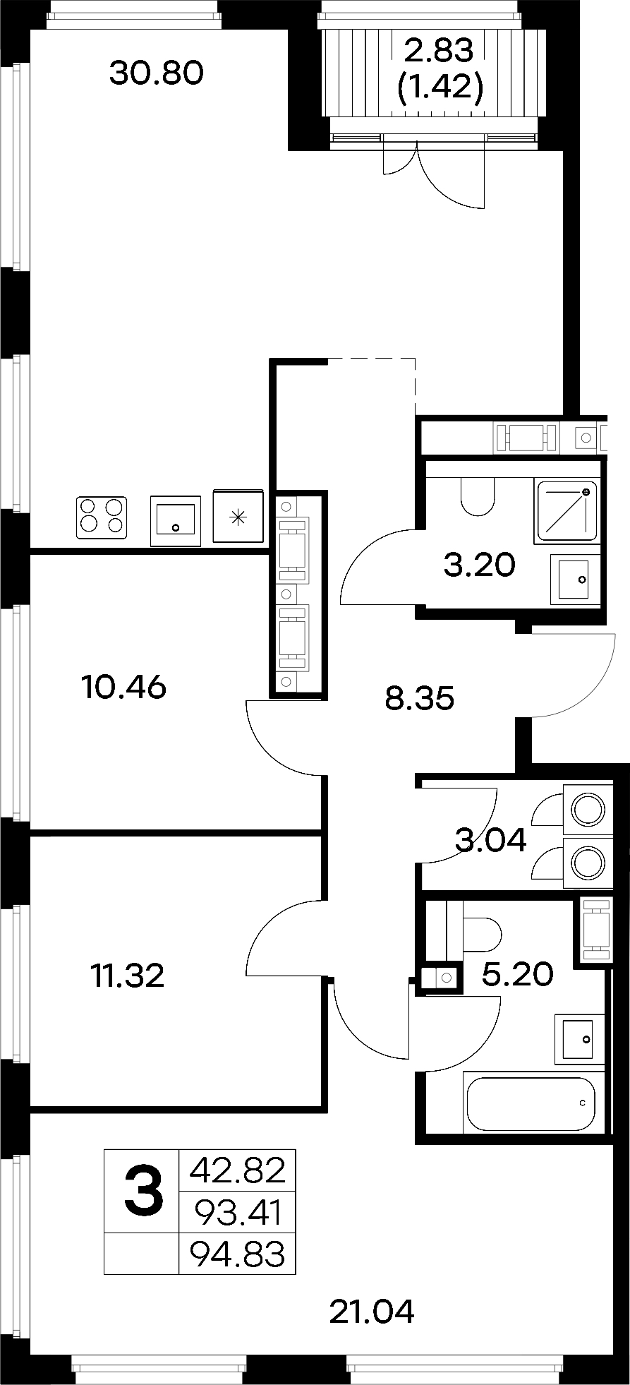 3-комнатная квартира 94.83 м², 16/18 эт., ЖК «Glorax City Василеостровский»